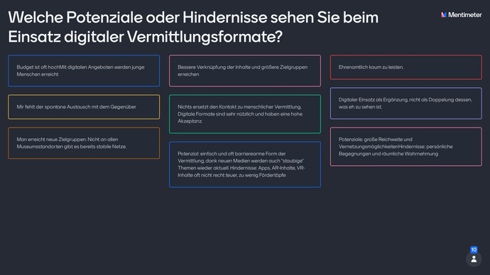 "Welche Potenziale oder Hindernisse sehen Sie beim Einsatz digitaler Vermittlungsformate?"